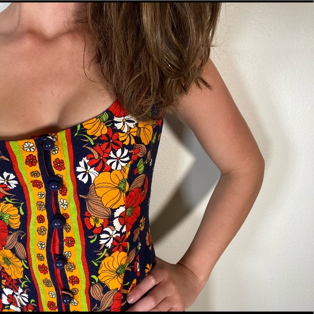 Vintage 80s Mod Floral Button Front Midi Dress - Picture 2 of 12